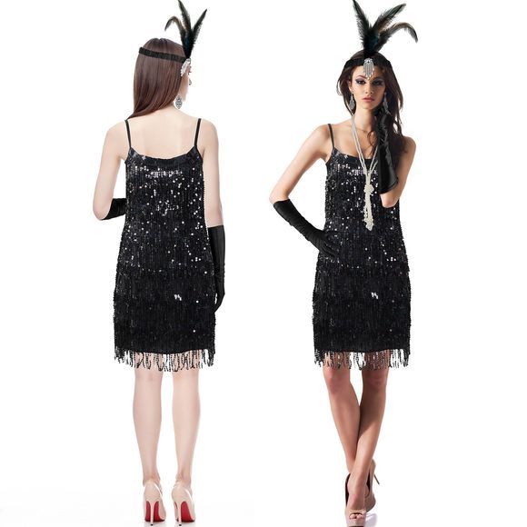 Halloween Women 1920s Costumes Set Sequin Fringed Flapper Dress With 20s Pearl💛 - Picture 7 of 7